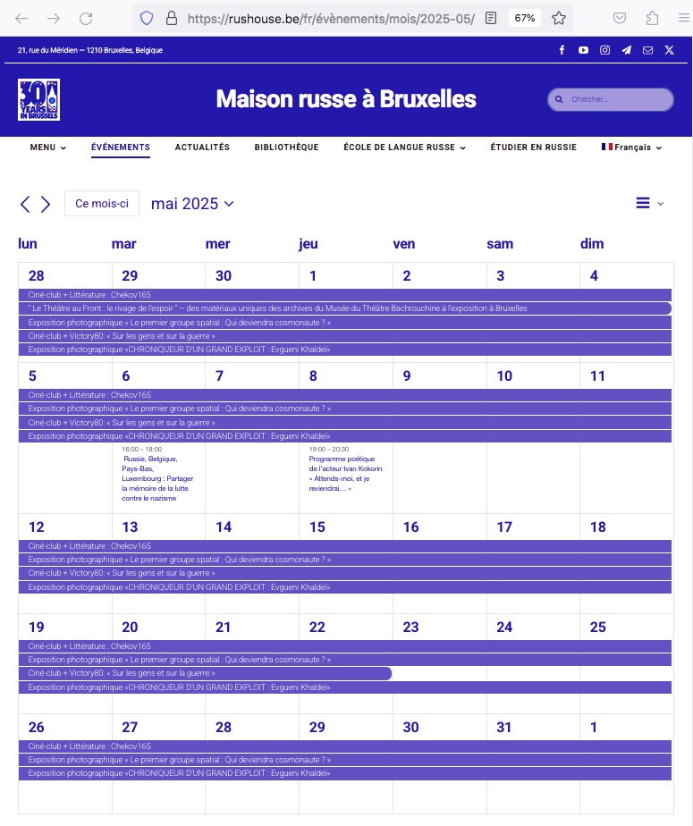 Page Internet. Maison russe Bruxelles-Europe. Calendrier des événements culturels de mai 2025. 2025-05-01